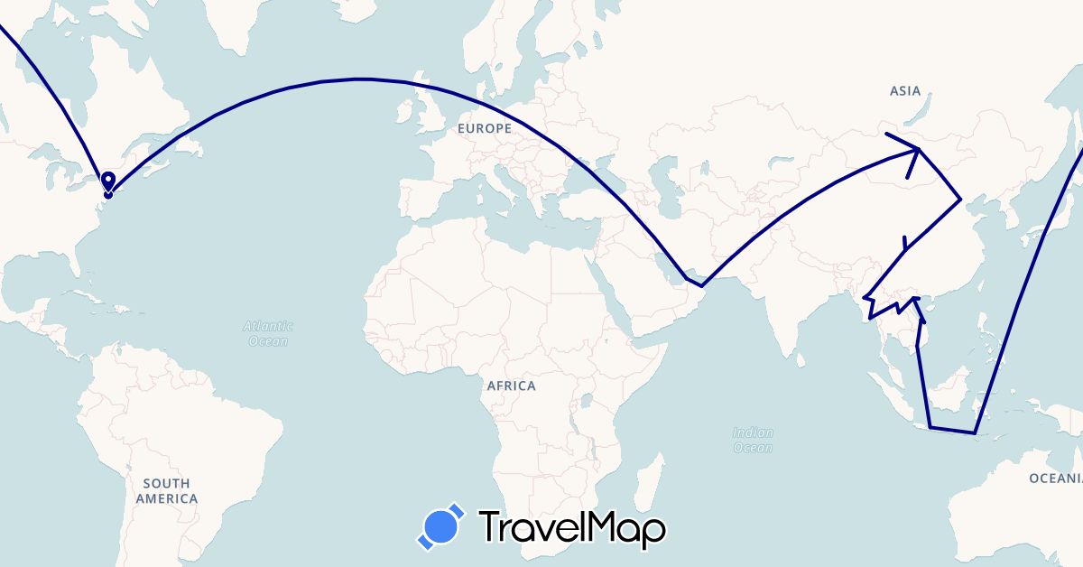 TravelMap itinerary: driving in United Arab Emirates, China, Indonesia, Laos, Myanmar (Burma), Mongolia, Oman, United States, Vietnam (Asia, North America)